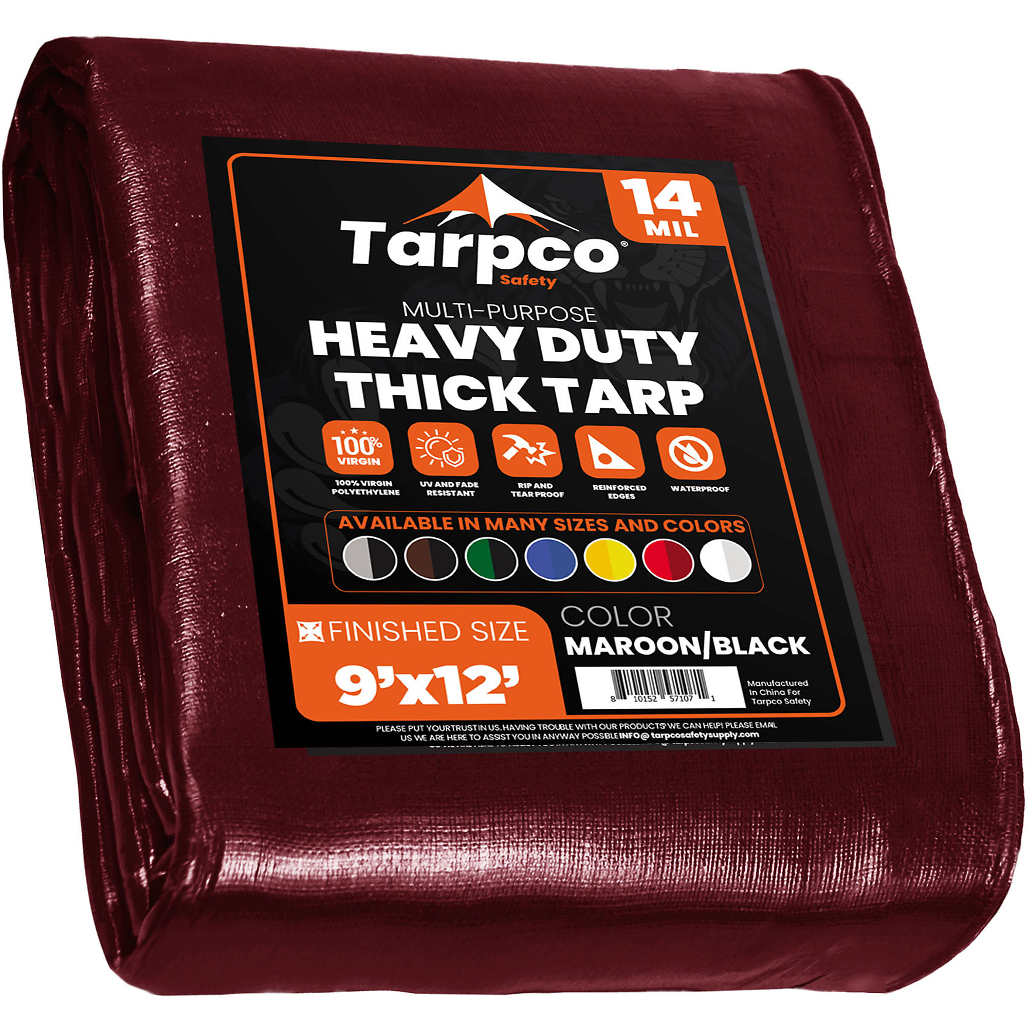 Tarpco Safety Extra Heavy Duty Tarp Cover — 9ft. x 12ft., 14 Mil, Waterproof, UV Resistant, Reinforced Edges, Maroon/Black, Model# TS-107-9X12